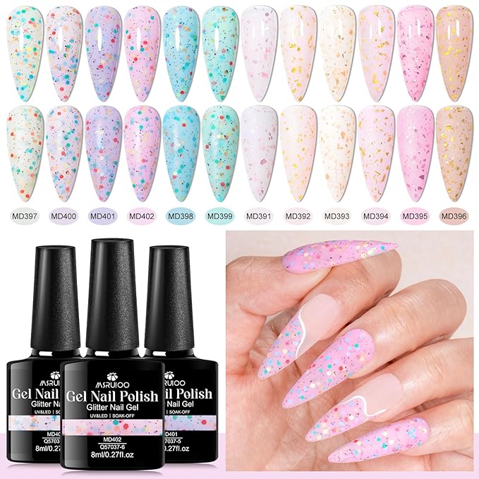 Yogurt Gel Nail Polish + Rubber Builder Gel Polish Glitter Rubber Base Gel Set Pale Pink Blue Purple Nail Polish for Women Girls 12 Colors