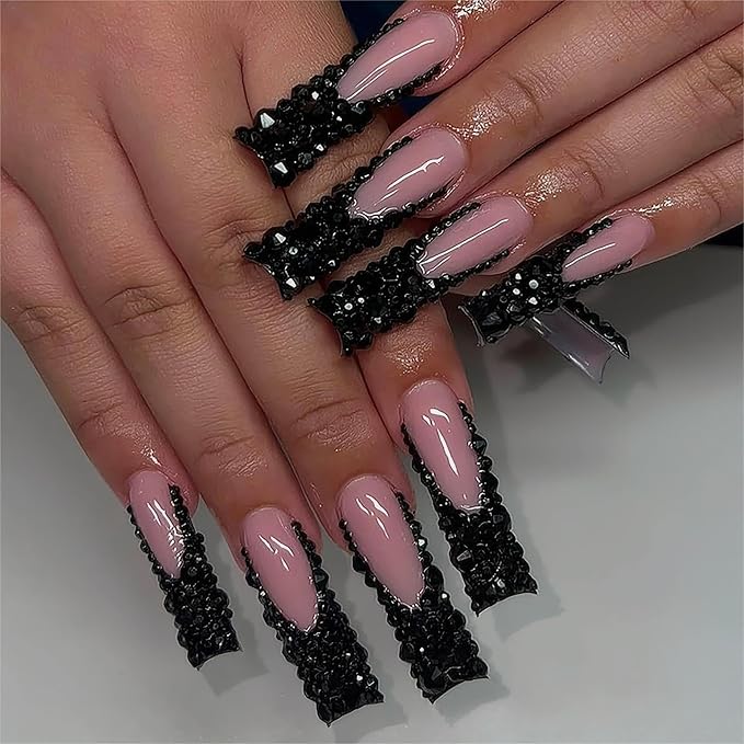Long Press on Nails Square Black French Tip Fake Nails Rhinestones Full Cover Nails Press ons Stick on Nails with Designs Glue on Nails Glossy Artificial Nails for Women Manicure 24Pcs