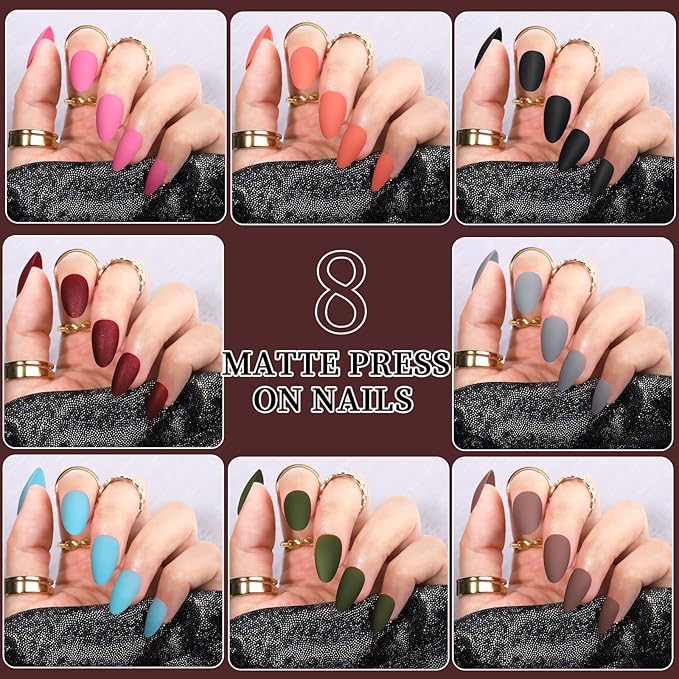 Teenitor 288pcs Short Almond Press on Nails for Women, 12 Sets of Short Fake Nails with Glue, Matte & Glitter Finish