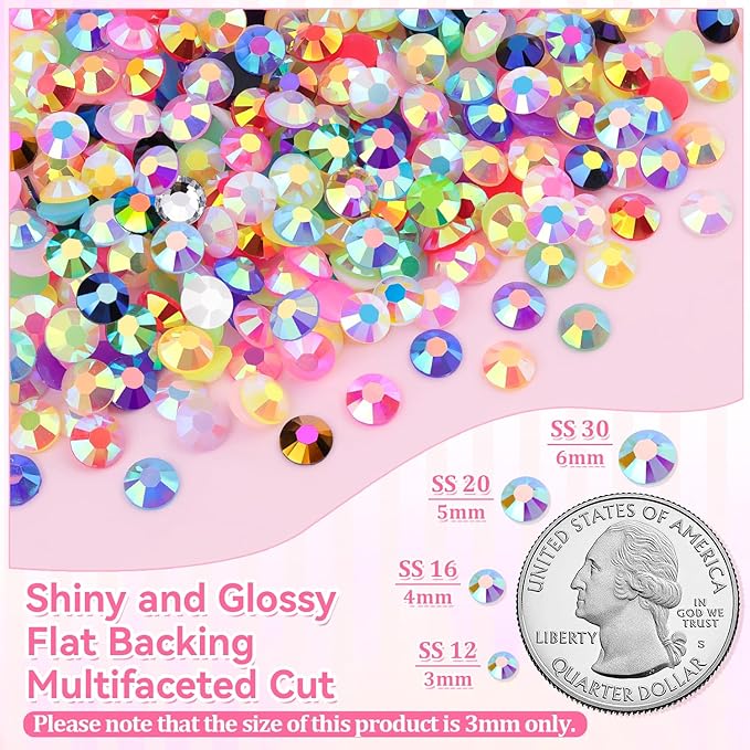 34000Pcs Resin Rhinestones for Bedazzling Kit, Mixed-Color 3mm Bedazzled Crystal with 3Pcs 10ml B7000 Jewelry Glue, Flatback Gems for DIY Crafts Clothing Nail Art Makeup