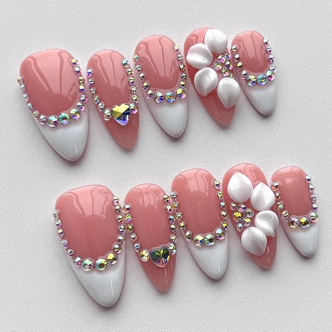 French Tip Press on Nails Handmade Medium Almond 3D Floral Thick Acrylic Nails White False Nails with Flower Rhinestones Designs Elegant Glossy Fake Nail Sturdy Wedding Art Press on Nail 10Pcs(M)