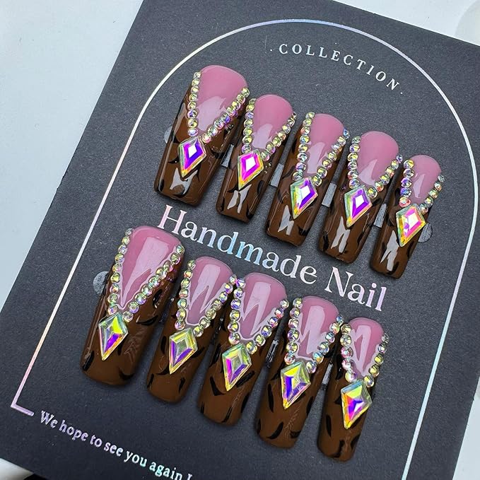 Diamond Press on Nails Handmade Long Coffin Fake Nails Fall False Nail Brown Leopard French tip Glue on Nail Rhinestone Stick on Nail Reusable Handmade Nails for Women Manicure Size M