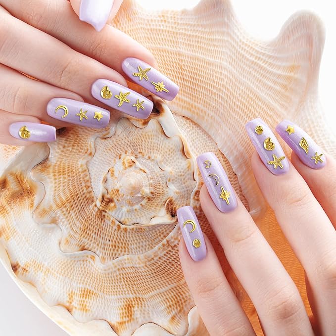 2 Disc Ocean Nail Art Charms, 3D Alloy Nail Art Decals, Beach Starfish Seashell Gems Supplies for Women DIY Craft Jewelry Manicure Embellishments- Gold