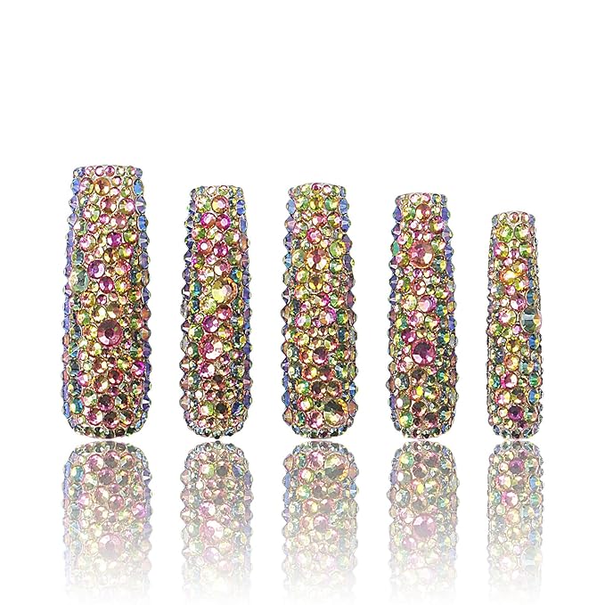 LOVFUL Press on Nails Classic Radiant Rhinestone| Handmade with Full Covered Crystals| Reusable Fake Nails| Square Mid length 1.7in| H149-S