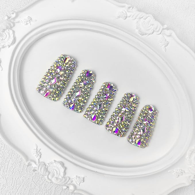 2025 Full Diamond Duck Nails Medium Square Reusable PMMA Acrylic Nails Handmade Full Coverage Deluxe 3D Crystal Fake Nail (With Box) Gift for Women (rhinestone, L)
