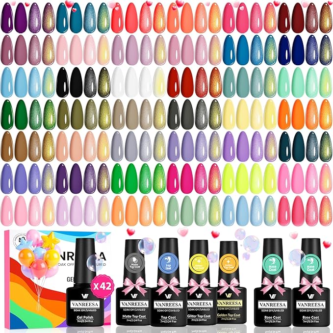 VANREESA 48 Pcs Gel Nail Polish Set 42 Colors Spring Summer Fall Winter Gel Polish with 2 Pcs Base Coat & 4 Effects Top Coat Nail Kit Gifts for Women Girls Nail Art Salon at Home