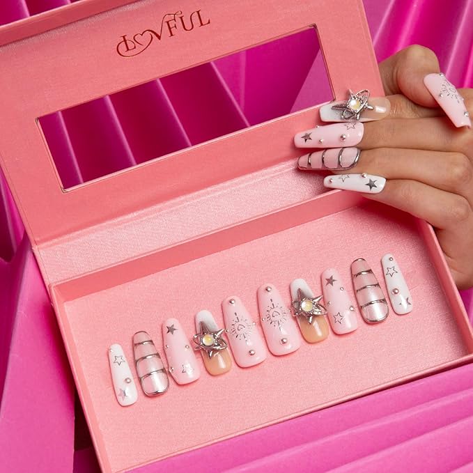 LOVFUL Press on Nails Stargaze | Handmade with Full Covered Crystals | Reusable Full Cover Nails | Coffin Classic Regular 1.3 in | H300-S
