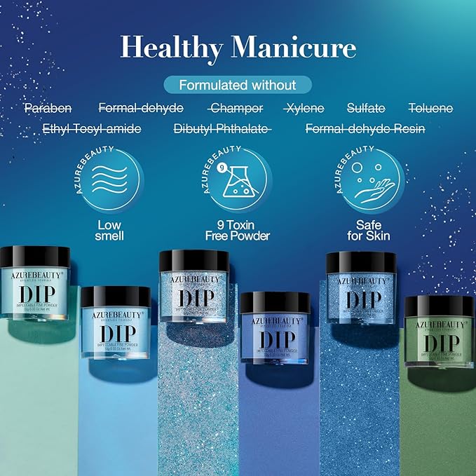 AZUREBEAUTY Dip Powder Nail Set Blue Green Shimmery, All Seasons 6 Colors Dipping Powder Starter Kit French Starry Ocean Banquet Nail Art Manicure DIY Salon Gifts for Women, No Need Nail Lamp Cured