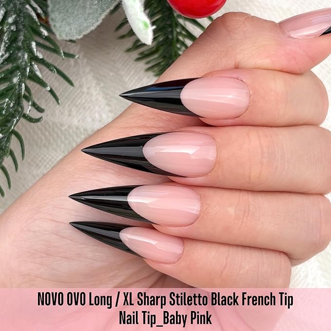 NOVO OVO Black French Tip Long XL Sharp Stiletto Nail Tips Press on BABY PINK, Soft Gel Double Matte Fake Nail Extension, Full Cover False Nails for Acrylic DIY x 16 Sizes 160 pcs