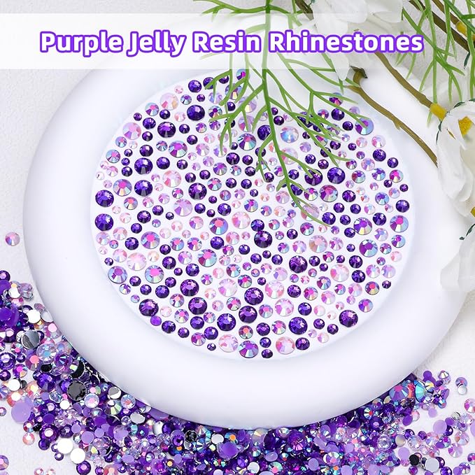 18000 Pcs 3D Purple Jelly Rhinestones for Crafting, Flatback Resin Jelly Bedazzled Gems for Crafts, 3-6 mm Half Round Gems Rhinestones for Nails Art Eyes Makeup DIY Crafts Supplies