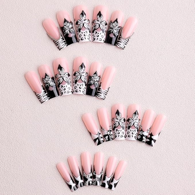 Square Press on Nails Long Cow Print Fake Nail 3D Flowers Designs Acrylic Nail Press ons Sparkly Rhinestones Stick on Nails for Women 24pcs
