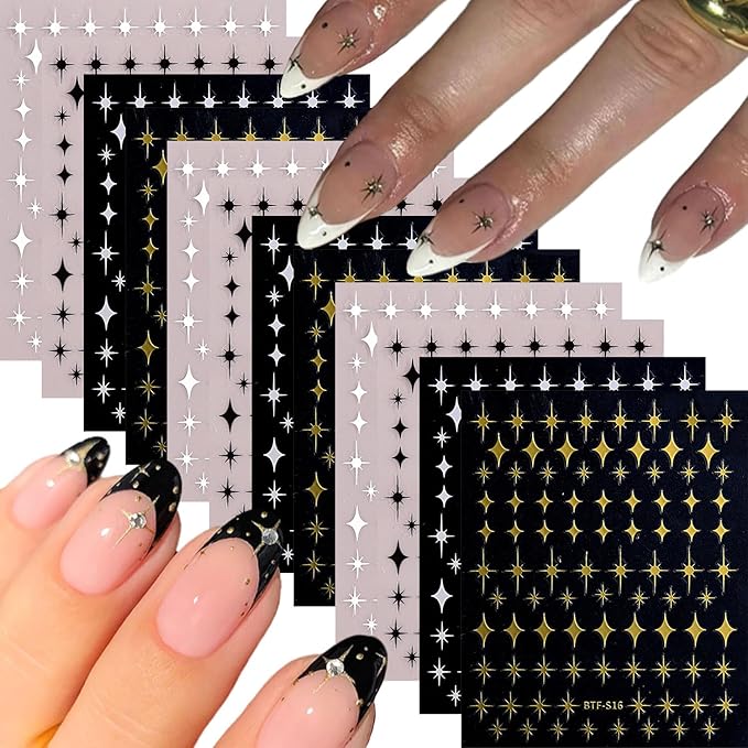 12 Sheets Star Nail Art Stickers Decals Gold Silvery Nail Stickers Star Design 3D Self-Adhesive Nail Decals Black White Manicure Supplies for Holiday Nail Art Decorations