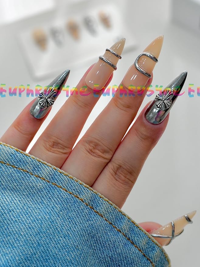 Euphrosyne Silver Chrome Stiletto Press On Nails – 10pcs Long Fake Nails with 3D Gothic Cross Charms | Edgy Metallic Punk Nails for Women, Statement Look for Party or Photoshoot