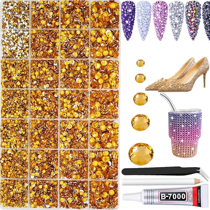 22000pcs Resin Flatback Rhinestones for Crafting, Silverback Gold 2mm 3mm 4mm 5mm 6mm Round Beads, Non-Hotfix SS8 SS10 SS16 SS20 SS30 Gems with B7000 Glue for DIY Crafts, Nails, Makeup Decor