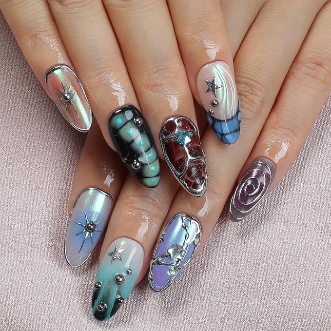 Gradient Press on Nails Handmade Press on Nails Punk Rock Gothic Cool Designs Stars Fake Nails Full Cover French False Nails Medium Almond 3D Silver Steel Ball False Nails for Women (Size M)