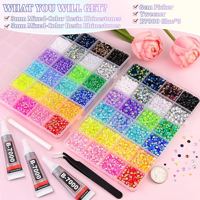 2 Boxes Resin Rhinestones with Tweezers for Crafting, 26000Pcs Mixed-Color 3mm&5mm Bedazzling Crystal with 3Pcs 10ml B7000 Jewelry Glue for DIY Crafts Clothing Tumblers Shoes Fabric Nail Art