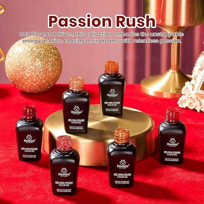 beetles Glitter Red Gel Polish - Passion Rush Collection Glitter Nails, Red Orange Gold Gel Polish Shimmer Nails Art Soak off Uv LED Manicure Gift Set Nail Trend Gift for Women