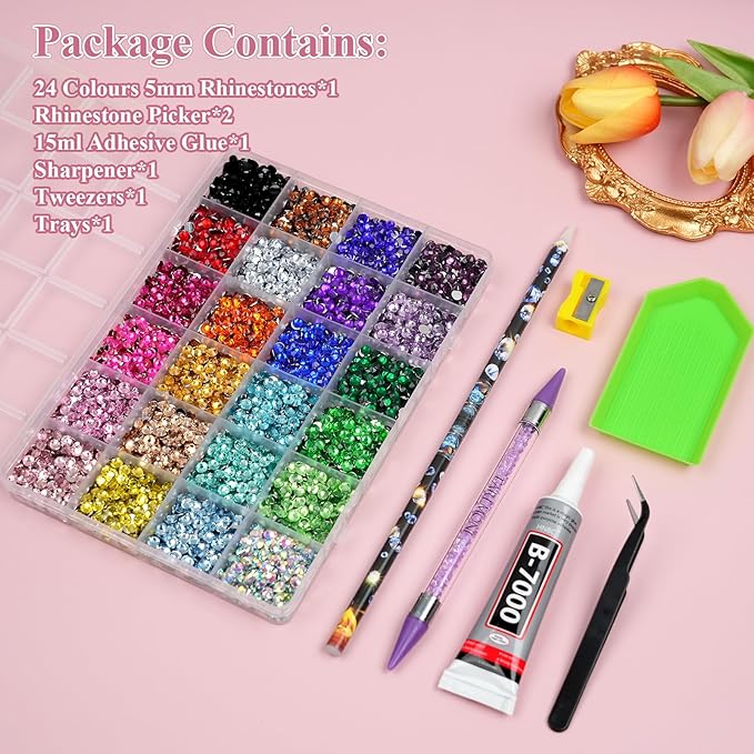 Resin Jelly Rhinestones for Bedazzling, EARLMONI Multi Colord Bedazzler Kit with 15ml B7000 Glue Rhinestone Pen Tool for Clothes Nail Art (C 24 Colors, 5MM)