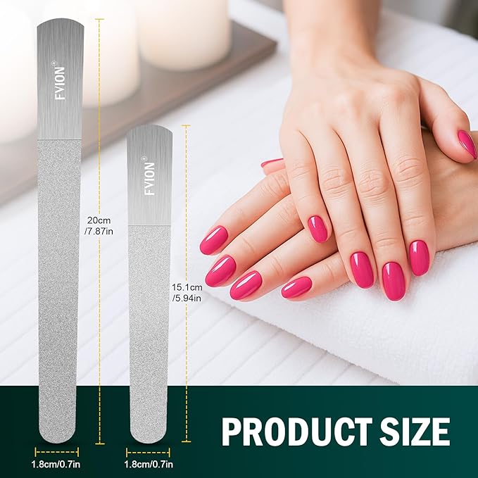 FVION Nail File Set – 2 Pcs Professional Long Nail Files for Natural Nails Double-Sided, Metal Nail File Men Manicure Pedicure Tools