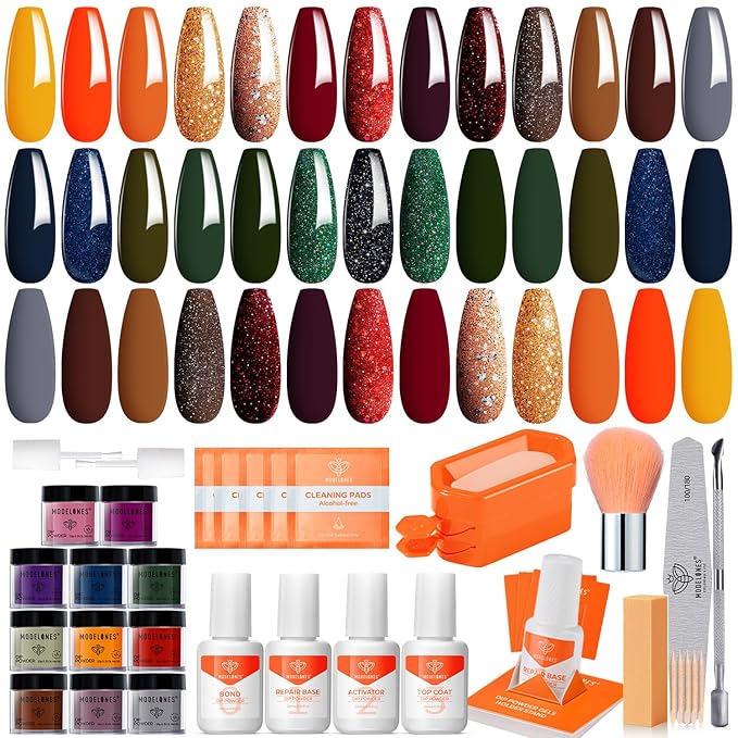 Modelones Christmas Dip Powder Nail Kit 20 Colors, Red Green Brown Orange Glitter Dipping Powder Starter Set Base&Top Activator Liquid French Nail Art Salon DIY Kit Gifts for Women