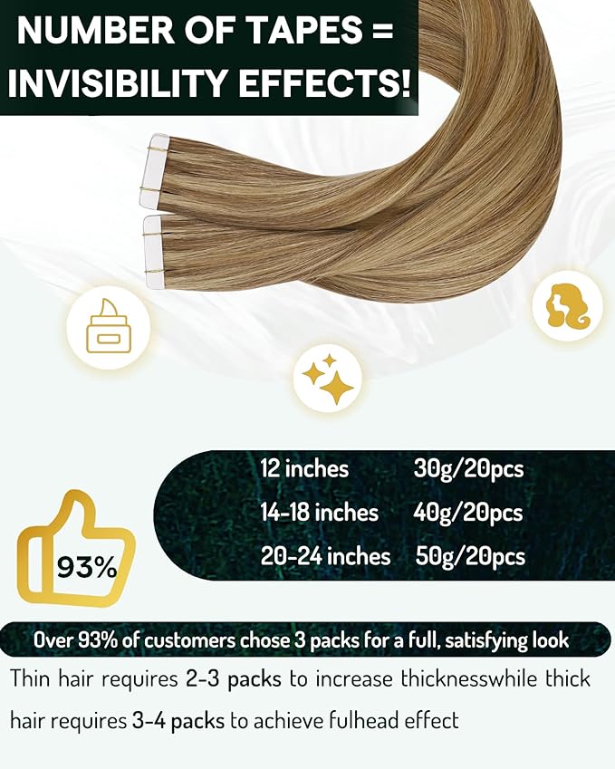 RUNATURE Tape in Extensions Human Hair Blonde Tape in Hair Extensions Human Hair Real Hair Extensions Tape ins Natural Looking 16 Inch 50g 20pcs #10P16 Dark Blonde Highlight Caramel Blonde