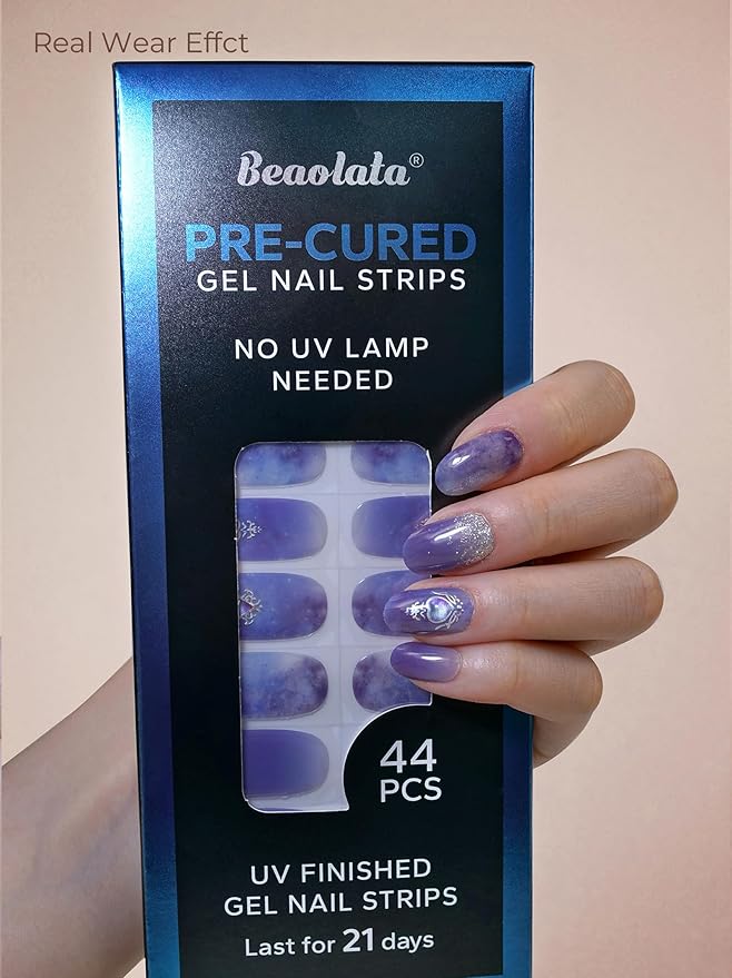 Pre Cured Gel Nail Strips - 44PCS Salon Quality Gel Nail Stickers - Long Lasting Polish Wraps for Women no UV Light Needed Easy Apply & Remove (Crystal Blue