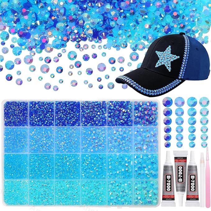 26000PCS Blue Resin Flatback Rhinestones for Crafting, Resin Rhinestones for Bedazzling Kit, 2/3/4/5/6mm Flatback Gems Jewels for DIY Mugs Tumblers Clothing Shoes Nail Art