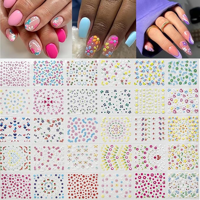 Flower Nail Charms Nail Art Kit with 30 Sheets Flower Nail Stickers 12 Boxes Colorful Flower with Rhinestone Nail Supplies 3D Nail Charms,Flower Nail Decals for Women Acrylic DIY Nail Art Decoration