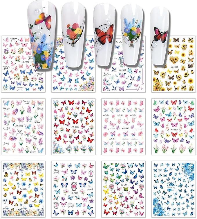 12 Sheets Butterfly Flower Nail Stickers for Nail Art, Colorful Butterflies Nail Decals,Butterfly 3D Self-Adhesive Nail Art Stickers Design for Women DIY Manicure Decoration YX1229
