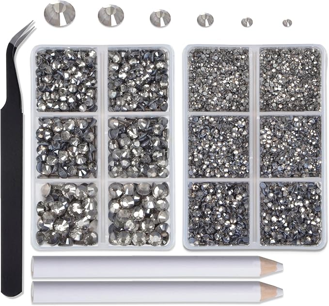 8000pcs Hotfix Rhinestones Flatback,Rhinestones for Crafts Clothes Mixed 6 Sizes, Hotfix Crystals with Wax Pencil Kit, SS4-SS30,Black Diamond