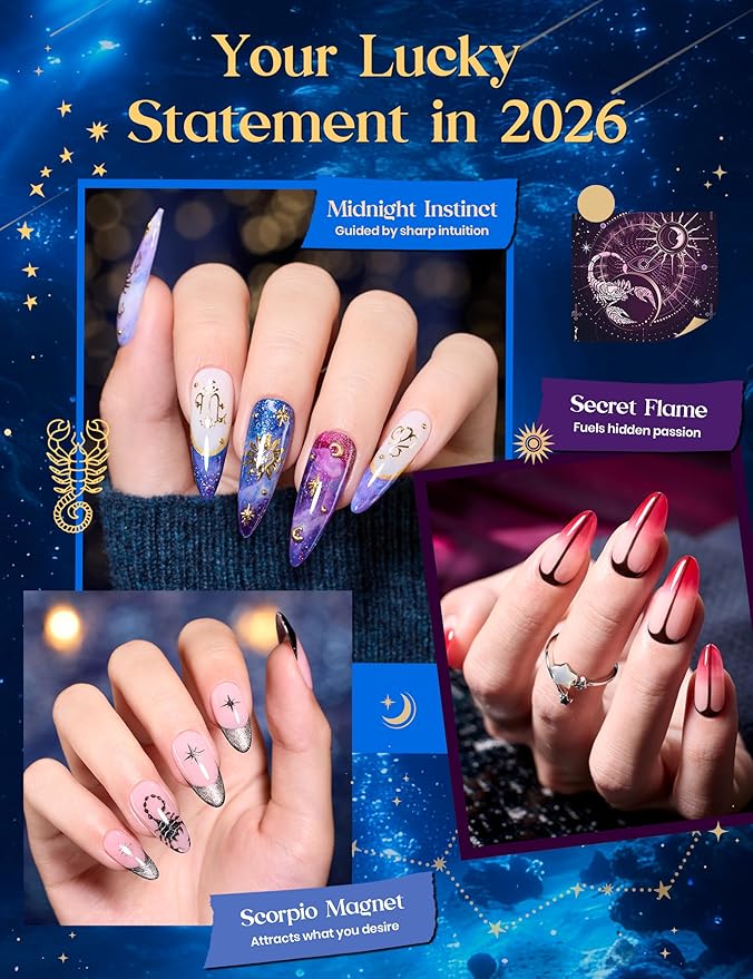 Beetles Midnight Vampire Lucky Box, Scorpio Zodiac Gel Nail Polish Kit Black Purple Burgundy Red Colors, All-in-One Nail Art Set with Tools, Necklace Badge, Salon DIY Zodiac Gift for Women