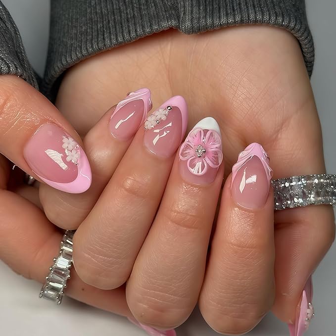 24Pcs Pink French Tip Press on Nails Short Almond Fake Nails with 3D Flower Pearl Design Crystal Acrylic Nails White Floral Artificial Nails Glossy Reusable Pink White French Stick On Nails for Women