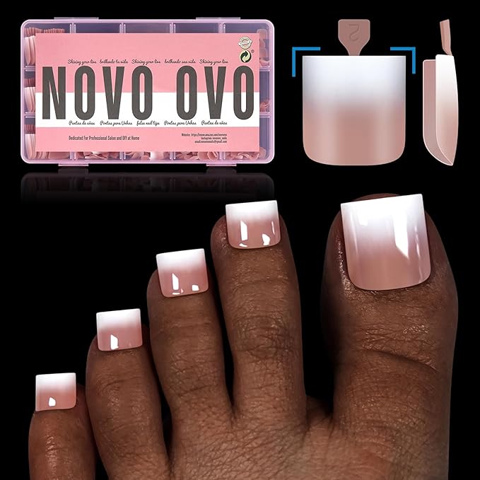 NOVO OVO Ombre French Tip Press on Toe Nail Tips, Sharp Square Pre-Designed Soft Gel False Toenail Extension, BROWN PINK Pre-applied Tip Primer & Base Coat, Full Cover Acrylic DIY x 15 Sizes 240 pcs