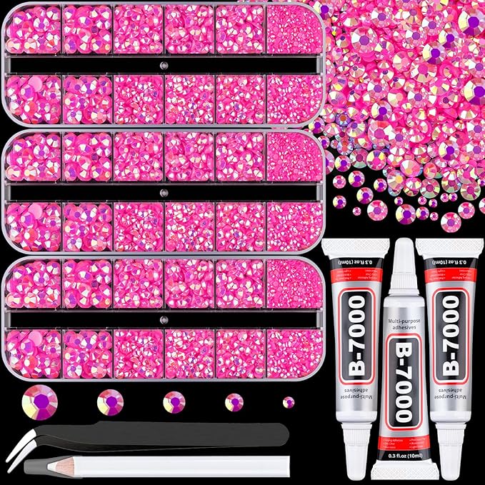 Resin Rhinestones for Crafting with 3Pcs 10ml B7000 Jewelry Glue, 3 Boxes Hot Pink AB Flatback Gems Crystals Diamond for Bedazzling Crafts DIY Nail Art Makeup,Gems for Clothing Tumblers Shoes