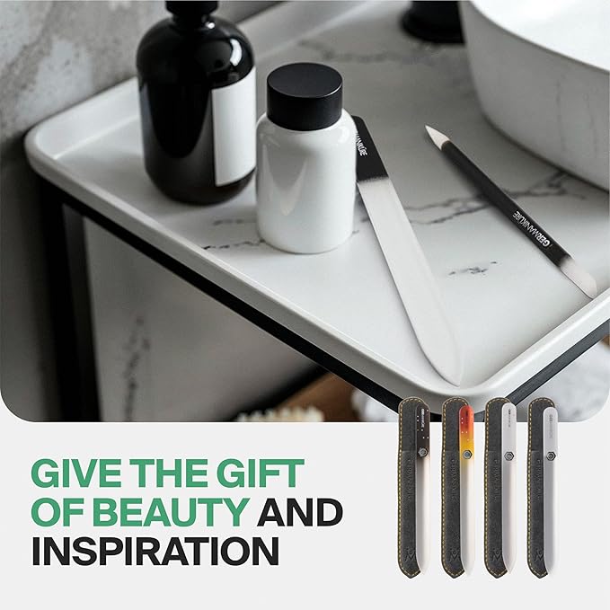 GERMANIKURE 2 Pc Black Glass Nail File Set with Suede Sleeves - Fingernail File & Small Travel Nail File - Professional Manicure & Pedicure Kit for Natural Nails - Ethically Made in Czech Republic