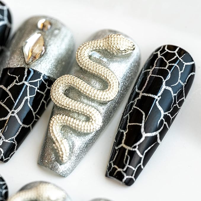 Sun&Beam Nails Handmade Press On Nail Coffin Ballerina 3D Snake Black Acrylic Fake Tip Design Art Charms Cute with Storage Box 10 Pcs (007 XS)
