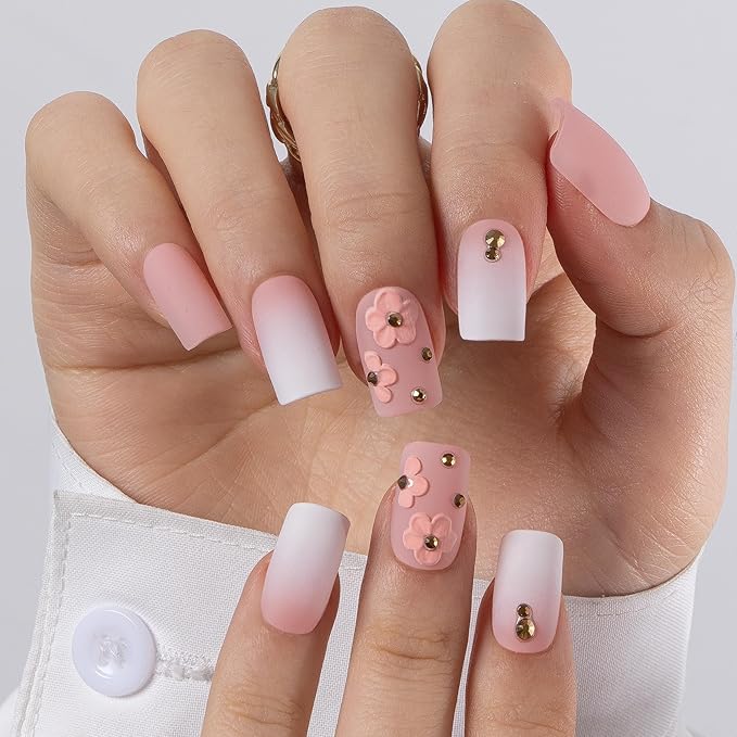 CurvLife Soft Gel Press On Nails Square, Long-Lasting Reusable Fake Nails Kit with Glue & Tabs, 30pcs Salon-Quality Stick On Nails for Women At-Home Manicure (Bloom Luxe)