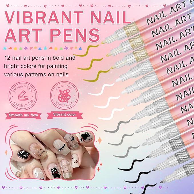 12 Colors Nail Art Pens Set, Nail Art Markers Polish Pens for Nail Art Quick Drying 3D Acrylic Paint Markers for Painting Dotting Liner Pen Nail Salon DIY Design Kit(0.7mm)