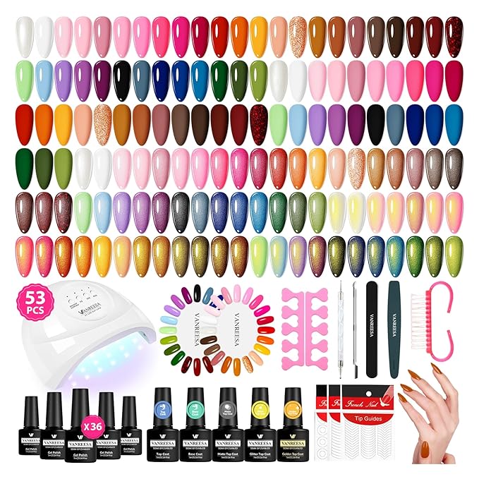 VANREESA Gel Nail Polish Kit with U V Light 53 Pcs Gel Polish Nail Set 36 Popular Colors Nail Polish Set with Base and 4 Effects Top Coat with Manicure Tools Complete Nail Kit Gifts for Women Girls