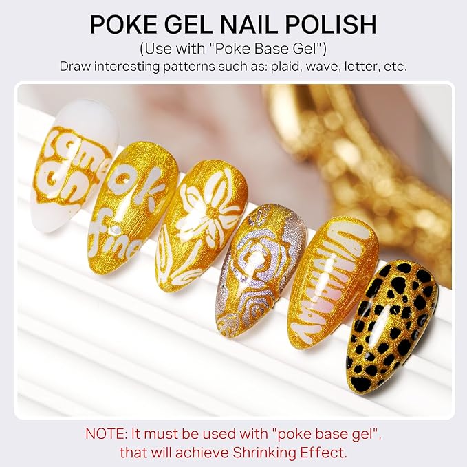 MIZHSE Gold and Silver Poke Gel Nail Polish, with Professional Poke Foundation Gel and Brush Tool, Multifunctional Drawing Painting Nails Art Design Lace Letter Wave Flower Manicure DIY Home