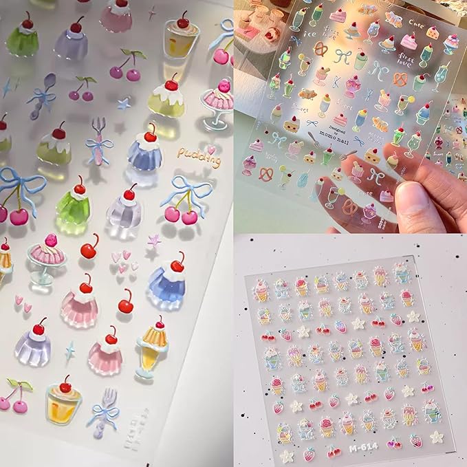 Dedyel Food Nail Art Stickers 3D Cake Dessert Donut Ice Cream Cookies Fruit Bread Self-Adhesive Nail Stickers for Women Girls Kids