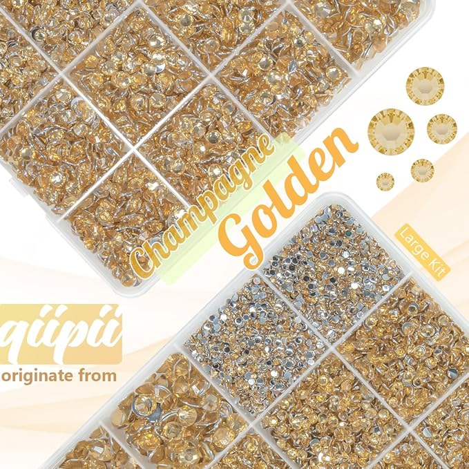Champagne Golden Crystal Resin Rhinestones w B7000 Glue for Bedazzling Crafting 2mm-6mm Flatback Stones Diamonds Crystals Gems Bedazzler Kit Charms for Nails Face Makeup Tumblers Bottles Crafts