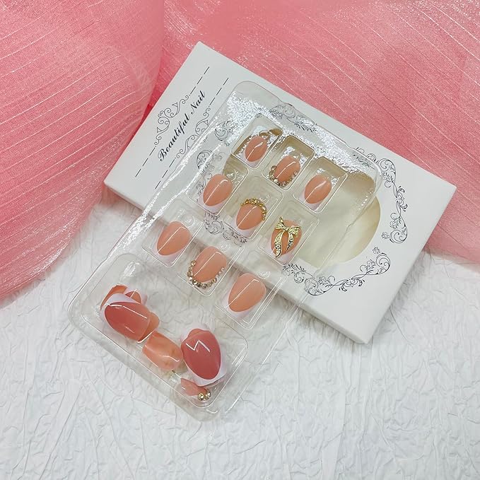 Square Press on Nails Short Fake Nails with Designs Bow Stick on Nail White French Rhinestone Acrylic False Nail Glossy Artificial Nail Full Cover Glue on Nails for Women 24Pcs