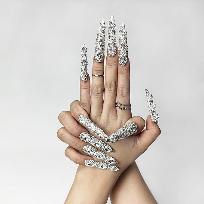 2025 New Queen of Haute Style Full Diamond Long Almond Press on Nails PMMA Acrylic Handmade Nails Full Deluxe 3D Crystal Fake Nails (High-end Almond Diamond, Long)