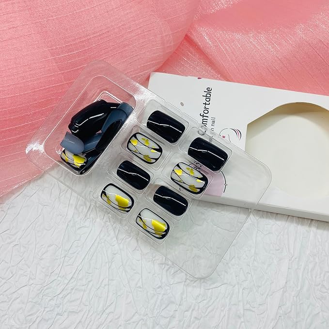 Square Press on Nails Short Fake Nails with Designs Gold Foil Stick on Nail Black French Acrylic False Nail Glossy Artificial Nail Full Cover Glue on Nails for Women 24Pcs