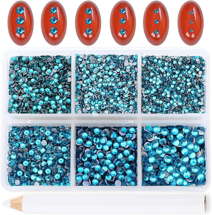Bymitel Hotfix Crystal Rhinestones Round Gems for Crafts,Mixed 6 Sizes with Wax Pencil Kit, Blue Zircon 1.3-3.2mm(SS3-SS12/8000pcs)