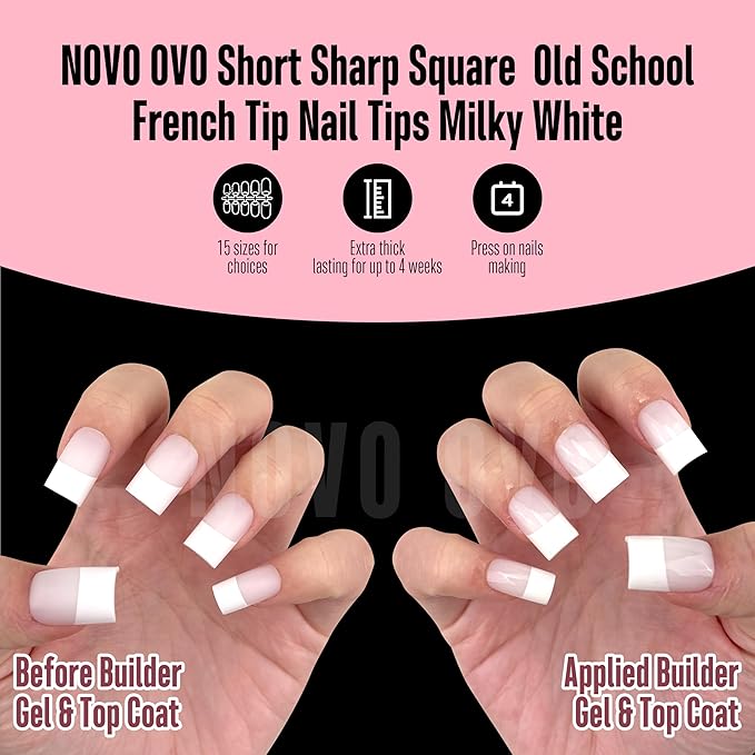 NOVO OVO Short Sharp Square Tip Nail Tips Press on Milky White, Thick Old School Wide White French NEED Builder Gel Top Coat Nail Glue, Soft Gel Full Cover Fake Nail Extension for DIY x 15 Size 240 pc