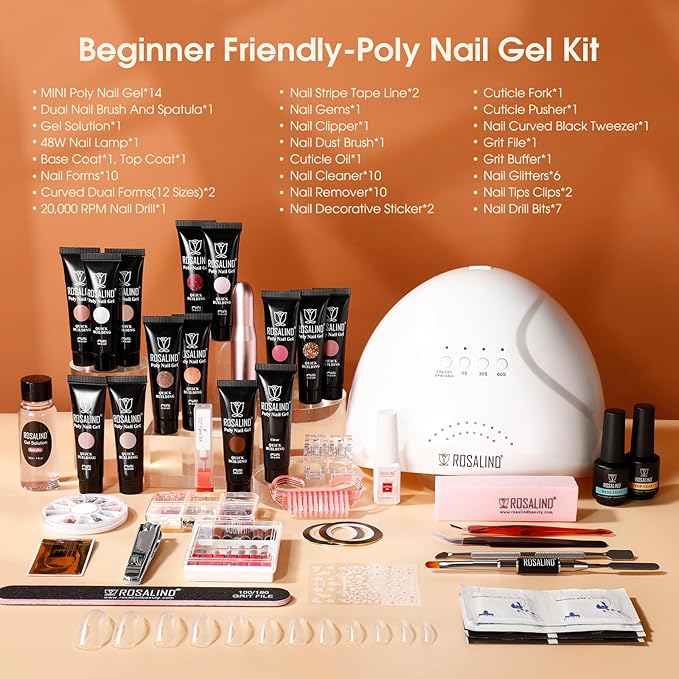 Poly Nail Gel Kit with Drill 14 Colors + 75 Nail Art Accessories Kit,ROSALIND Clear Pink Nude Glitter Poly Nail Gel with Big UV Light 48W and Electric Nail Drill Starter Kit
