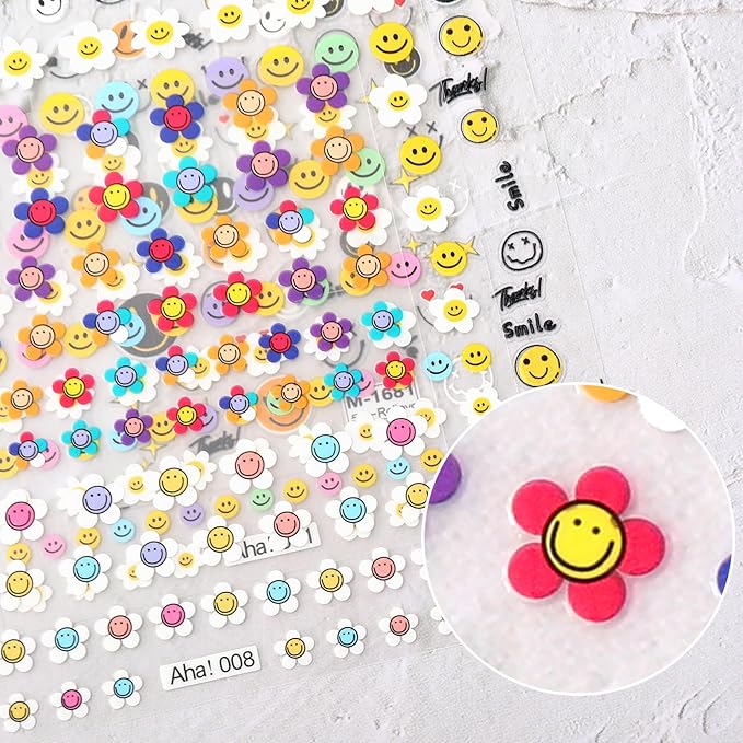 JarThenaAMCS 6 Sheets 5D Embossed Nail Art Stickers Smile Face Floral Decorative Self-Adhesive Nail Decals for DIY Manicure Party Supplies