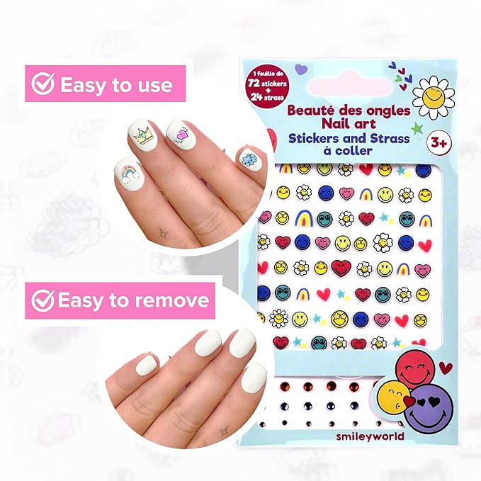 Smiley Nail Stickers – 1 Sheet with 72 Stickers + 24 Rhinestones – Self-Adhesive Nail Art for Girls – Fun Activity & Gift Idea for Birthdays, Crafts, Party Bags and Playdates